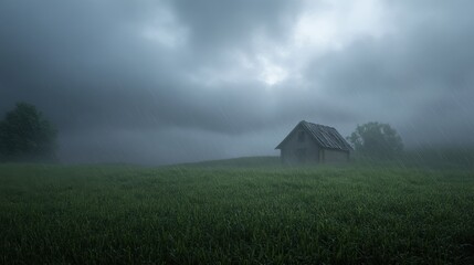 Abandoned farmhouse amidst thunderstorm in rural landscape