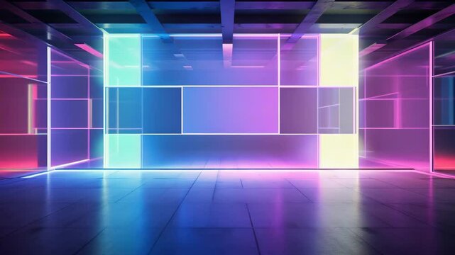 A contemporary abstract interior featuring colored glass elements in an empty room, enhanced by neon glowing lights that cast vivid reflections&mdash;creating a stylish, minimalist wallpaper wit 4K
