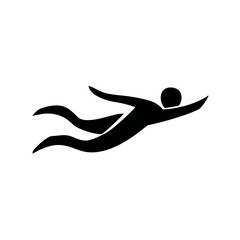 Stylized icon of a figure soaring through the air with a cape, symbolizing freedom, flight, or achievement, vector.