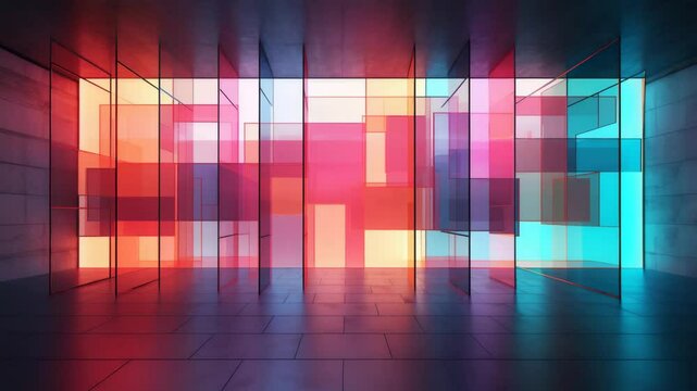 A contemporary abstract interior featuring colored glass elements in an empty room, enhanced by neon glowing lights that cast vivid reflections&mdash;creating a stylish, minimalist wallpaper wit 4K