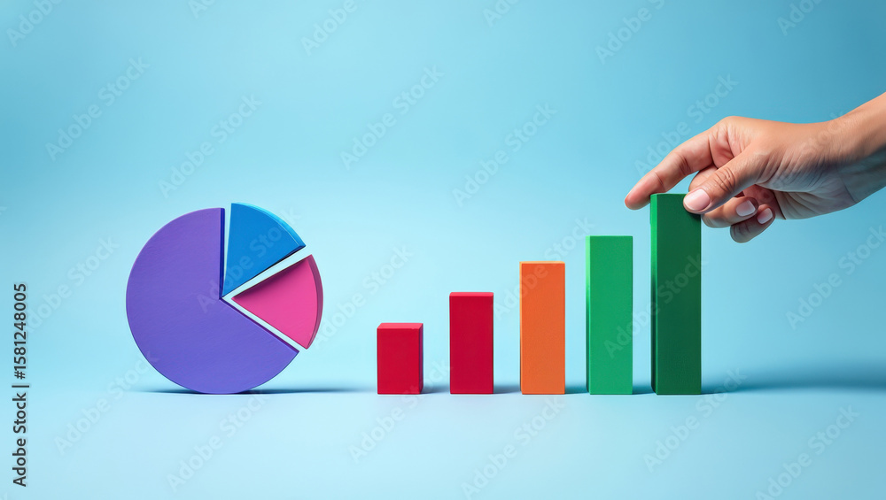 Poster strategic financial planning a hand adding a block to a rising bar graph next to a pie chart symboli