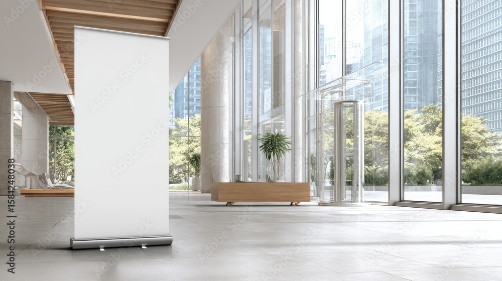 Poster white roll-up banner template standing in lobby next to windows. blank advertisement mockup in busin