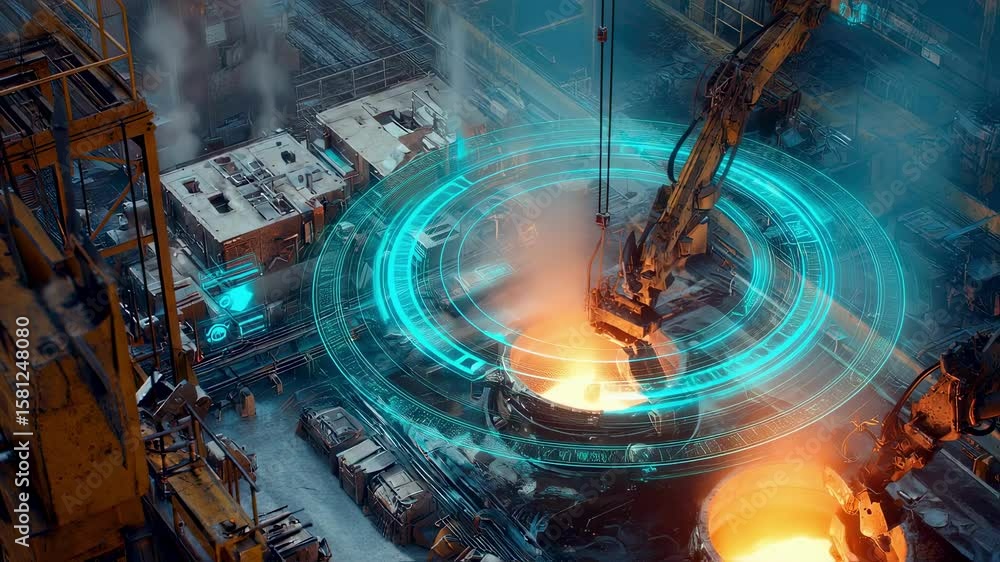 Poster robotic arm pouring molten metal in a smart factory using a futuristic control interface, showcasing