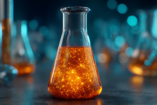 Closeup Amber Liquid Illuminated Erlenmeyer Flask Glowing Network Connections Science Experiment Laboratory Research