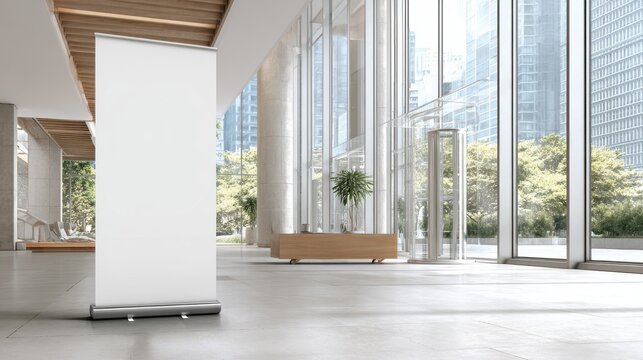 White roll-up banner template standing in lobby next to windows. Blank advertisement mockup in business space. Commercial pull-up display
