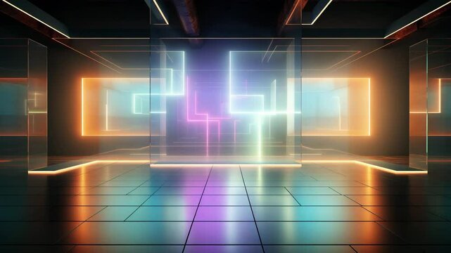 A contemporary abstract interior featuring colored glass elements in an empty room, enhanced by neon glowing lights that cast vivid reflections&mdash;creating a stylish, minimalist wallpaper wit 4K