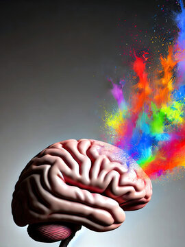 A human brain with vibrant bursts of colorful creative energy exploding outward, symbolizing imagination, inspiration, ideas, and mental creativity
