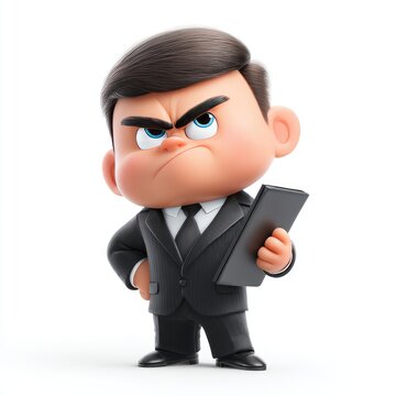 A cartoon character in a business suit stands holding a folder.