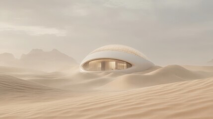 Futuristic domed house in vast desert landscape under sandstorm