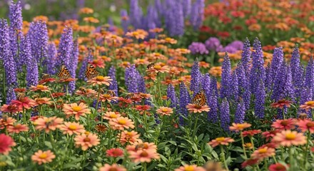 Obraz premium Vibrant Butterfly and Bee Haven: Colorful Flowers in Full Bloom