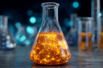 Closeup of Erlenmeyer Flask Filled with Glowing Amber Liquid and Intricate Network of Light Inside Laboratory Setting
