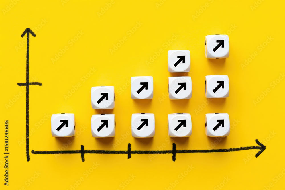 Poster visual representation of growth with dice displaying upward arrows arranged as a bar graph on a yell