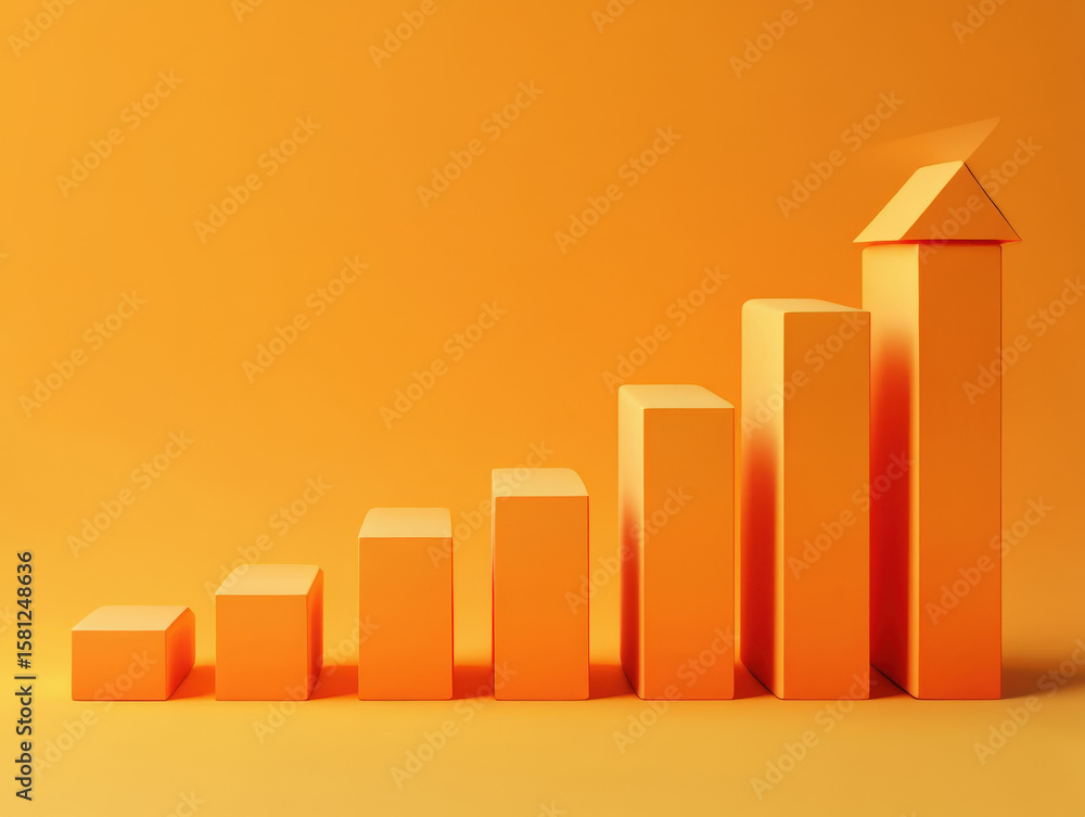 Poster visualize success a 3d render of orange bar graph with an arrow ascending on a matching orange backg