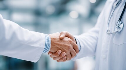 Fototapeta premium Medicine and health care concept, Professional Male doctor in white coat handshake with patient after successful recommend treatment methods., no logos, no brands