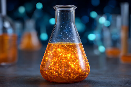 Closeup of Erlenmeyer Flask Filled with Glowing Orange Liquid and Intricate Network Pattern Dark Background
