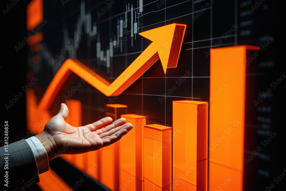 Poster visualizing financial success a hand presenting an orange arrow and bar graph on a dark background f