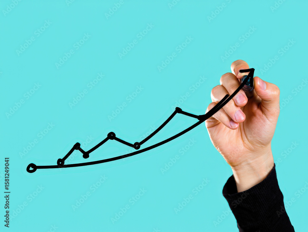 Poster visualizing growth a hand drawn line graph on teal background demonstrating business success and fin