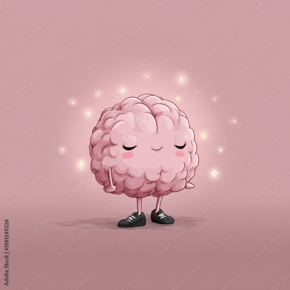 Poster a cartoon brain is standing on a pink background with a star on it. the brain is smiling and he is h