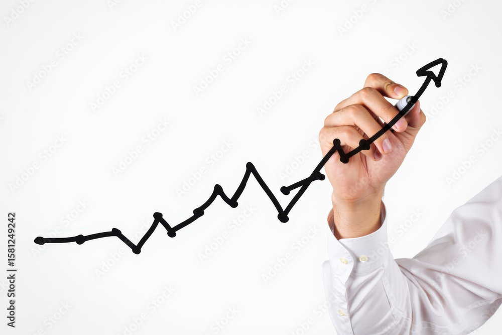 Poster visualizing growth a hand draws an upward trending line graph on a white background symbolizing succ