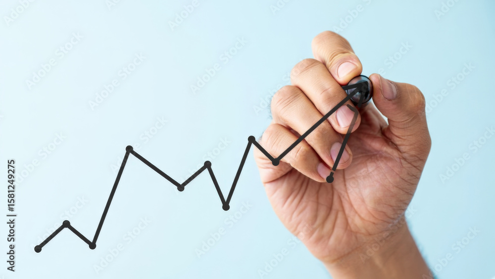Poster visualizing growth a hand draws an upward trending line on transparent surface depicting progress an