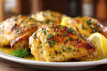 Roasted chicken thighs with herbs and lemon.