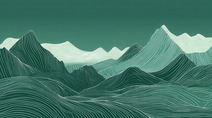 Abstract landscape mountain on Green background. Line art wallpaper design with hills in white wave line. Hand drawn panorama view of mountains suitable for cover, banner, decoration, poster., no log