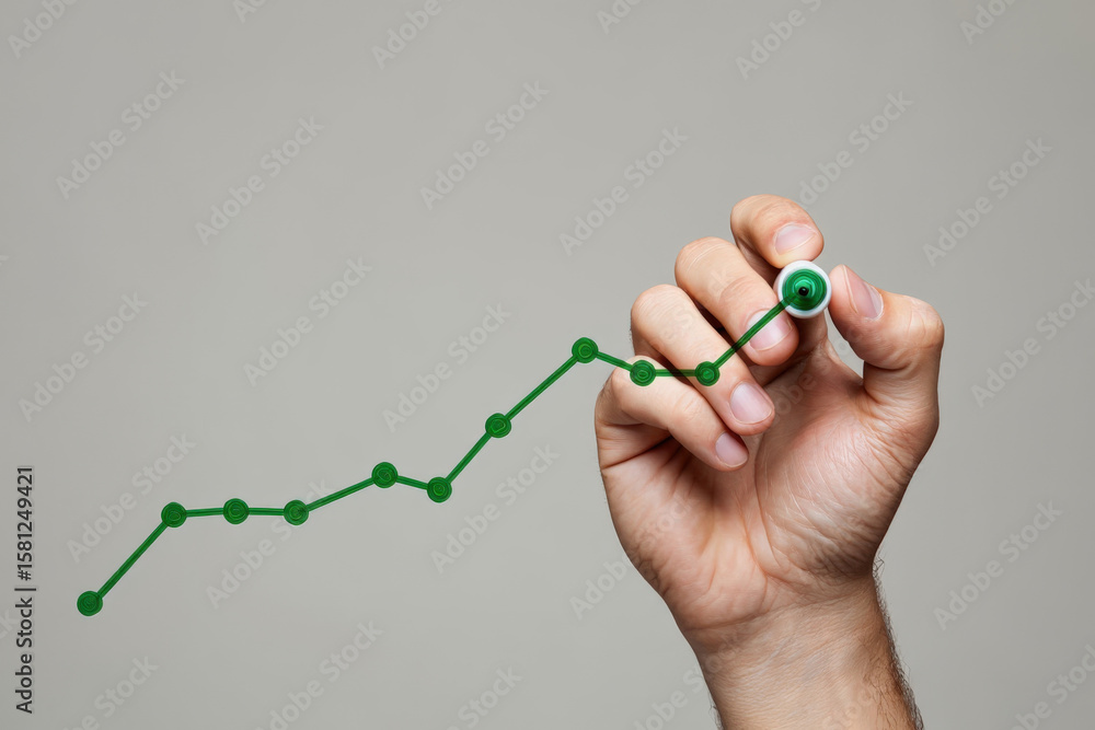 Poster visualizing progress a hand drawing a rising line graph with a green marker illustrating business gr