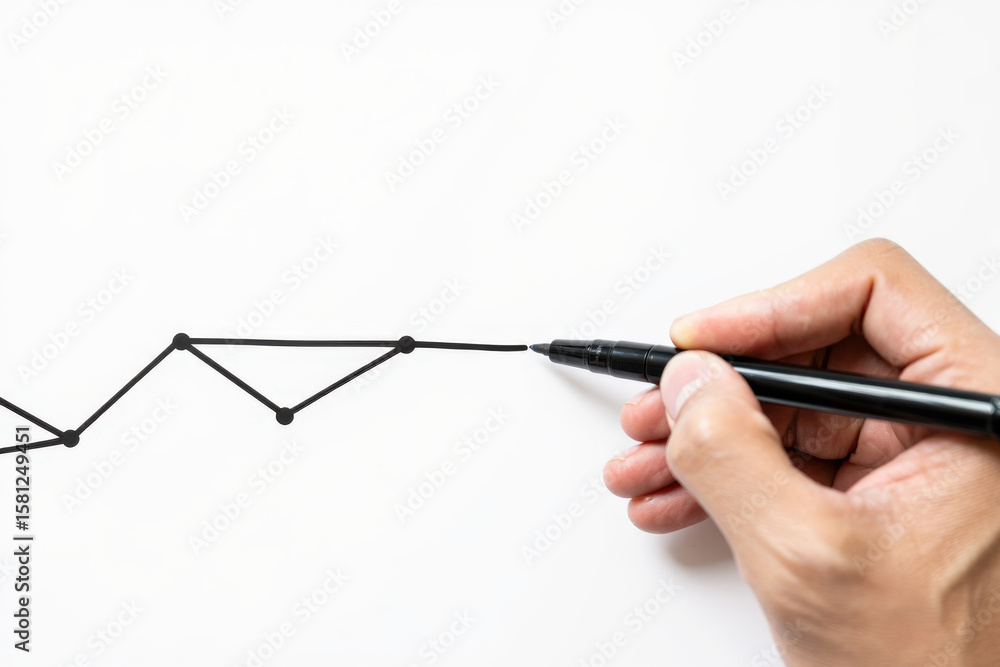 Poster visualizing progress a hand sketches a line graph on white paper to illustrate growth, trends, and d