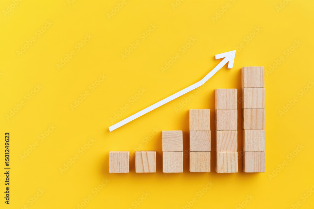 Poster visualizing upward trajectory wooden blocks arranged as a bar graph with an arrow pointing upward on