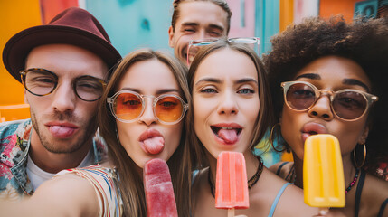 A group of friends taking selfies