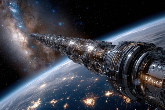 Space structure orbiting Earth highlights advanced engineering and futuristic design