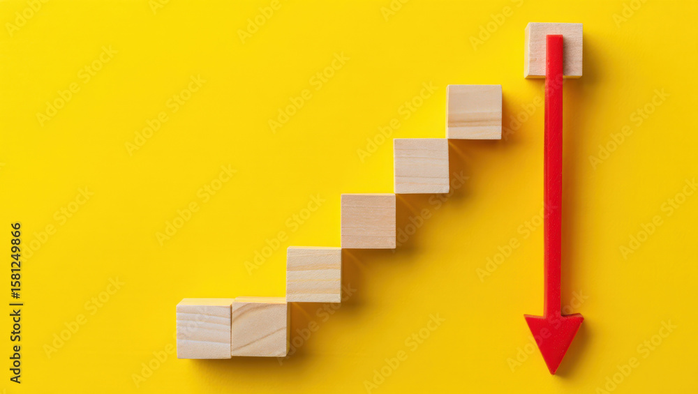 Poster wooden blocks arranged as a descending bar graph with a red arrow pointing downward on a yellow back