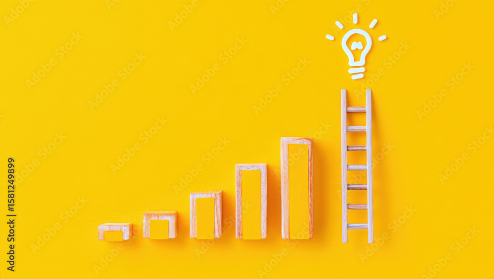 Poster wooden blocks arranged as a rising bar graph with a ladder and a light bulb on a yellow background r
