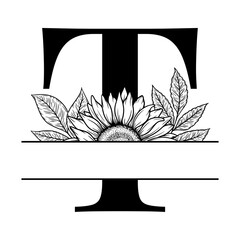 Sunflower split monogram design, alphabet letter T decorated with floral illustration. Perfect for personalized gifts, farmhouse decor, wedding initials, laser cut file, family sign, and DIY crafts.