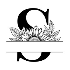 Sunflower split monogram design, alphabet letter S decorated with floral illustration. Perfect for personalized gifts, farmhouse decor, wedding initials, laser cut file, family sign, and DIY crafts.
