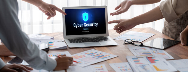 Cyber security system on computer screen protect private information brisk from hacker and cyber...