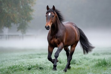 Obraz premium Majestic brown horse galloping through misty green pasture at dawn