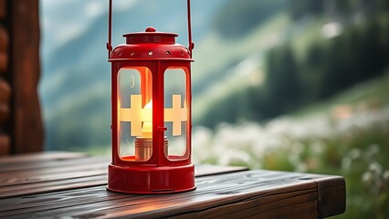 Glowing Swiss lantern with white cross motif, resting on rustic wood with alpine meadow in soft focus.