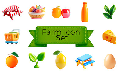 Colorful farm icon set with fruits, vegetables, and picnic table  