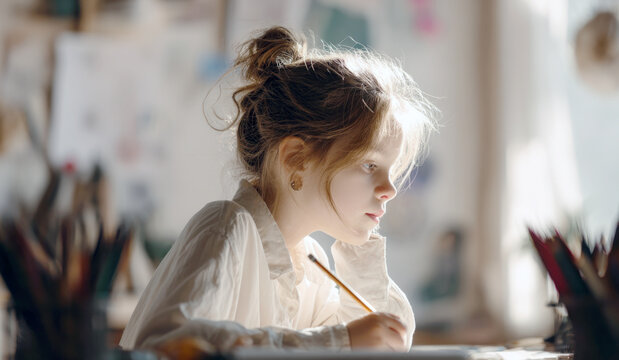 A young girl with pencil in hand, looking at her work, possibly drawing or writing, with light illuminating her from behind. Ideal for themes of childhood creativity, learning, artistic development