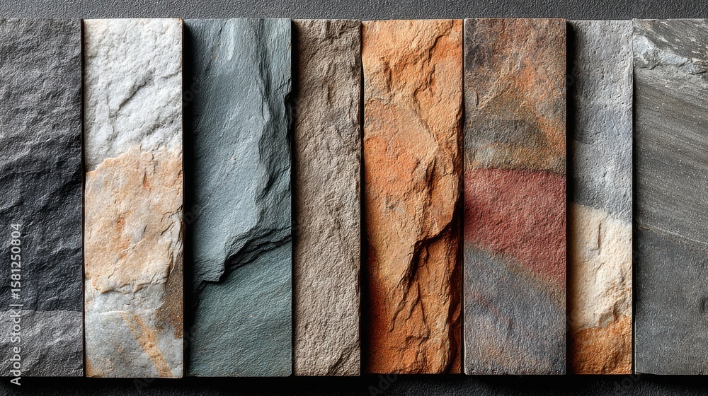 Aufkleber a row of stones with different colors and textures. the colors include brown, gray, and red. the sto