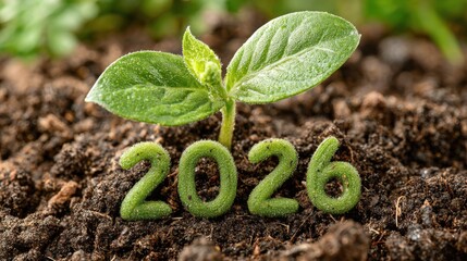 A plant with the letters "2026" written on it. The plant is growing in the dirt
