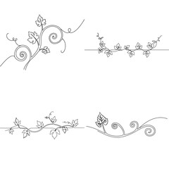 Set of grapevine decorative elements in black line art isolated on transparent background