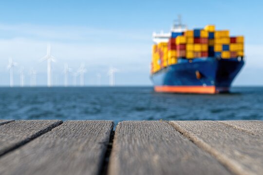 Cargo Ship with Wind Turbines at Sea - Powered by Adobe