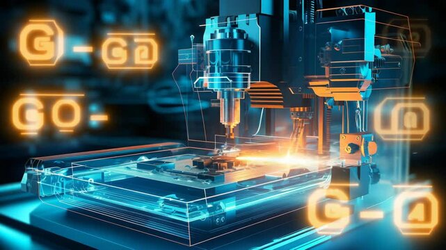 A detailed depiction of a CNC milling machine actively cutting a precision mold part, set against a backdrop of G-code data&mdash;highlighting the integration of advanced manufacturing technolog 4K