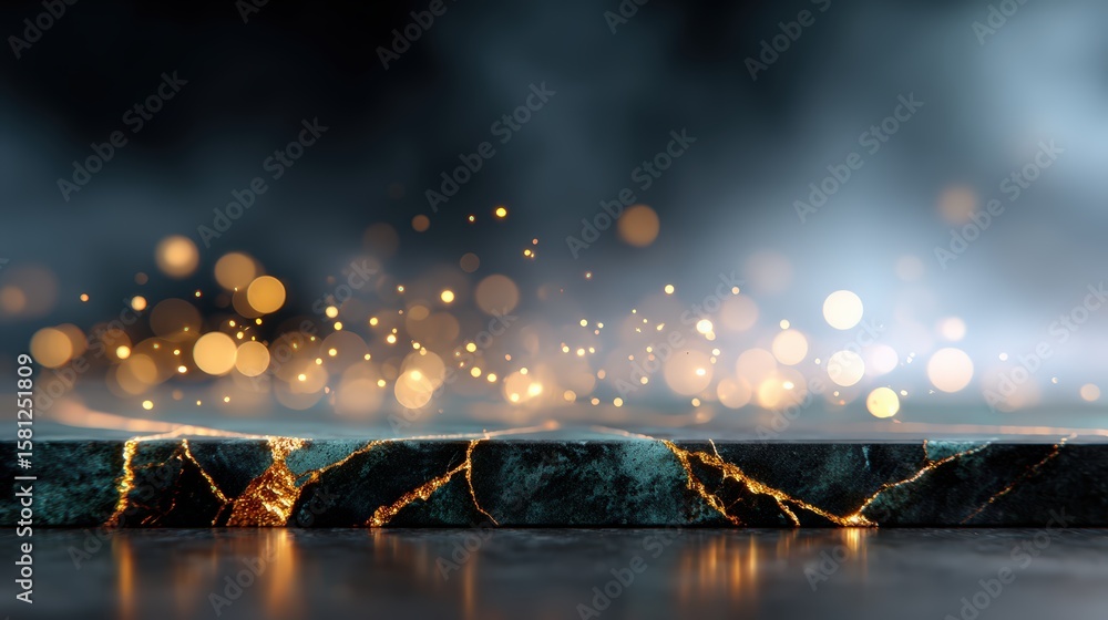 Poster close-up of a cracked reflective surface with glowing golden light reflections and blurred colorful 