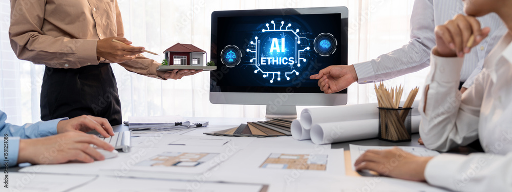 Poster ai ethics responsibility standard law and rules on computer screen provide report of ai ethic transp