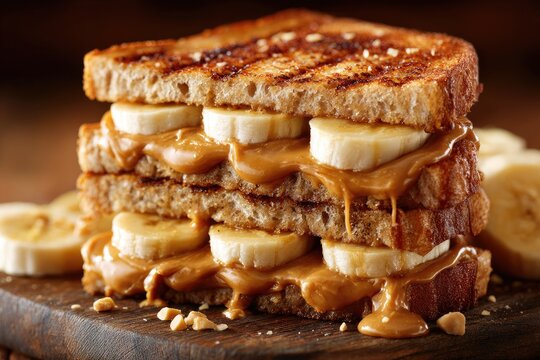 Peanut butter and banana sandwich on toasted bread. - Powered by Adobe