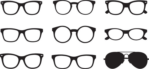 Collection of various black eyeglass and sunglass silhouettes isolated on white background isolated on transparent background