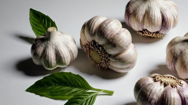 Fresh garlic and basil leaves arrangement under changing light for culinary visuals
